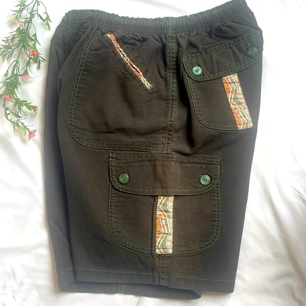 Black Cotton Cargo Shorts Pattern Trim Green Stitching Waist 34-46
